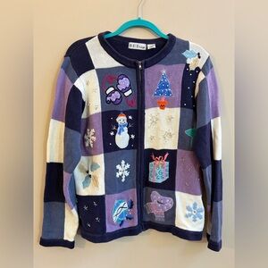 BP Design Vintage Full Zip Winter Wonderland Snowman Presents Cute Ugly Sweater